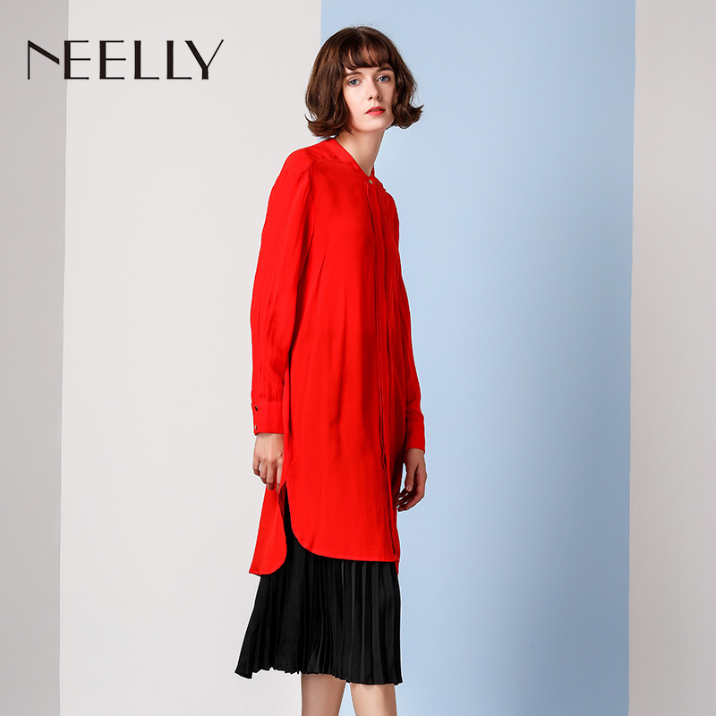 Neelly/纳俪2018春季新款中长款纯色连衣裙 S 正红色