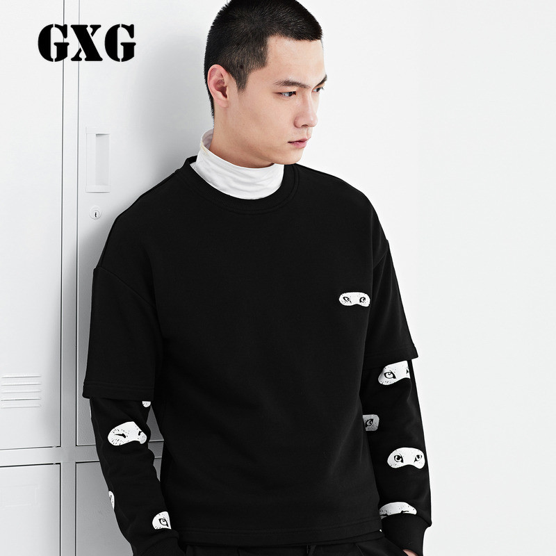 GXG卫衣男装 春季潮流修身黑色短袖圆领套头卫衣#171831511 185/XXL 黑色