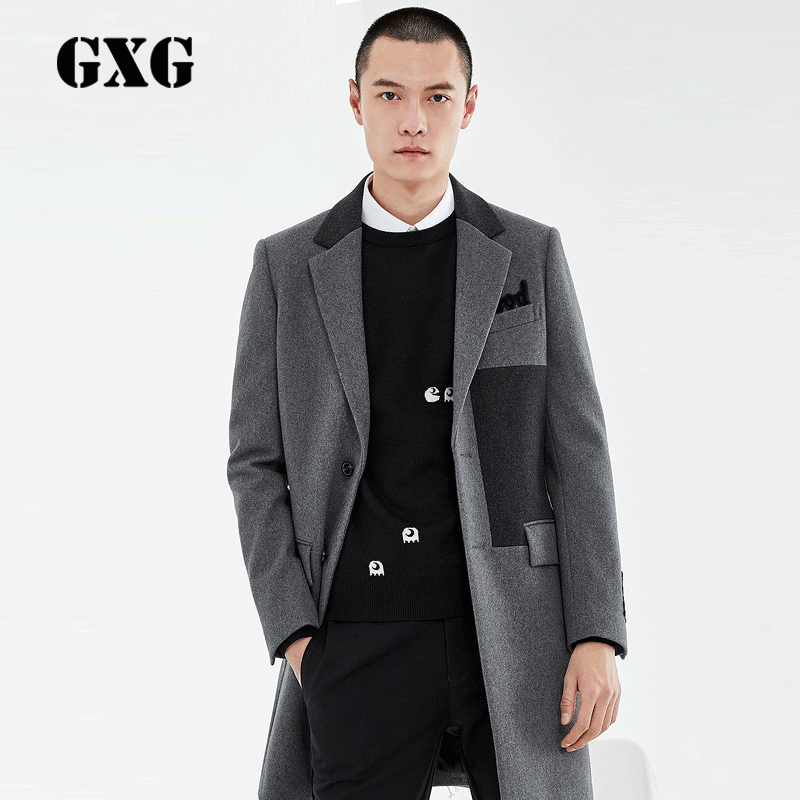 GXG大衣男装冬季修身时尚灰色中长款羊毛毛呢大衣潮男#64126469 165/S 灰色