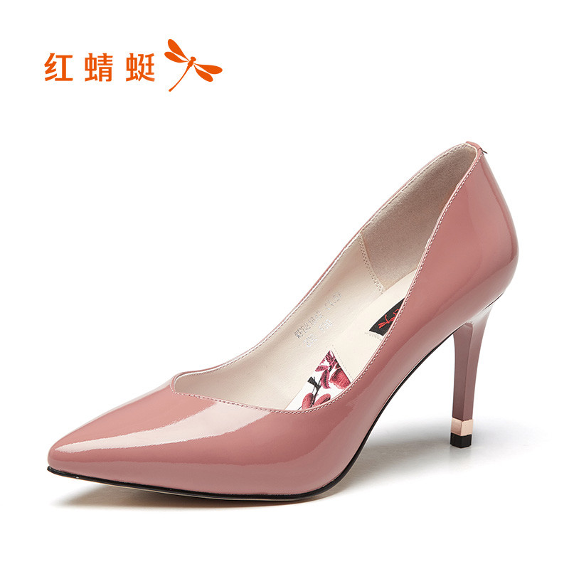 红蜻蜓高跟鞋欧美2018春季新款尖头浅口细跟高跟鞋女性感漆皮夜店女鞋百搭OL职业工作单鞋 粉红色 37码