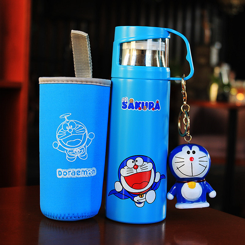 洋子（YangZi）可爱保温杯不锈钢便携真空男女士学生儿童卡通水壶创意带盖茶水杯 叮当小号350ML赠杯套+公仔+杯刷