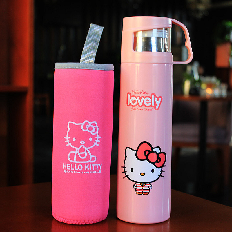 洋子（YangZi）可爱保温杯不锈钢便携真空男女士学生儿童卡通水壶创意带盖茶水杯 猫咪大号500ML赠杯套+杯刷