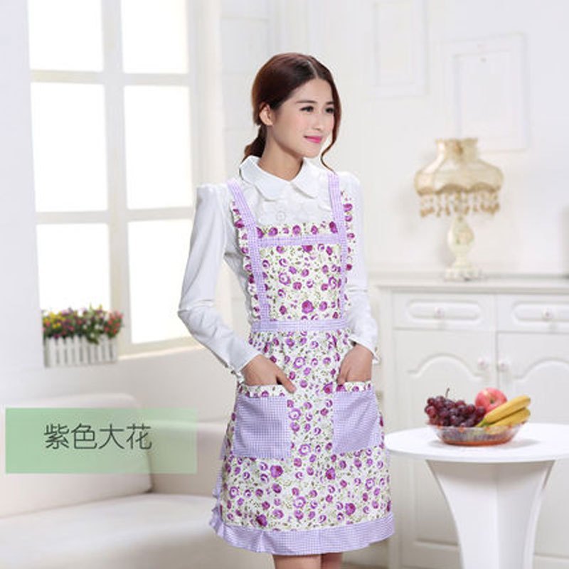 时尚舒适百搭围裙韩版时尚可爱工作服厨师围裙厨房围裙工作服无袖防油污防水家居成人厨房罩衣家庭_2 紫色大花