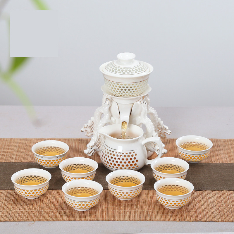创意半全自动茶具陶瓷家用红茶功夫套装懒人紫砂茶杯子整套泡茶器生活日用家居器皿水具/水杯茶具 五龙纳福-礼盒