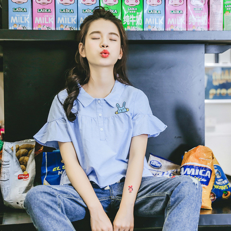 天使之城印花套头衬衫荷叶边短袖衬衣 L 蓝色