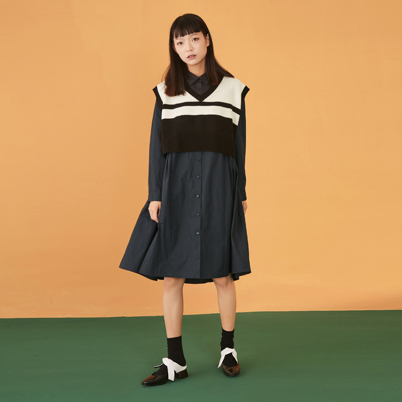 森宿学院风两件套春装2018新款毛织背心衬衫裙套装女-A8112007 S 优雅黑