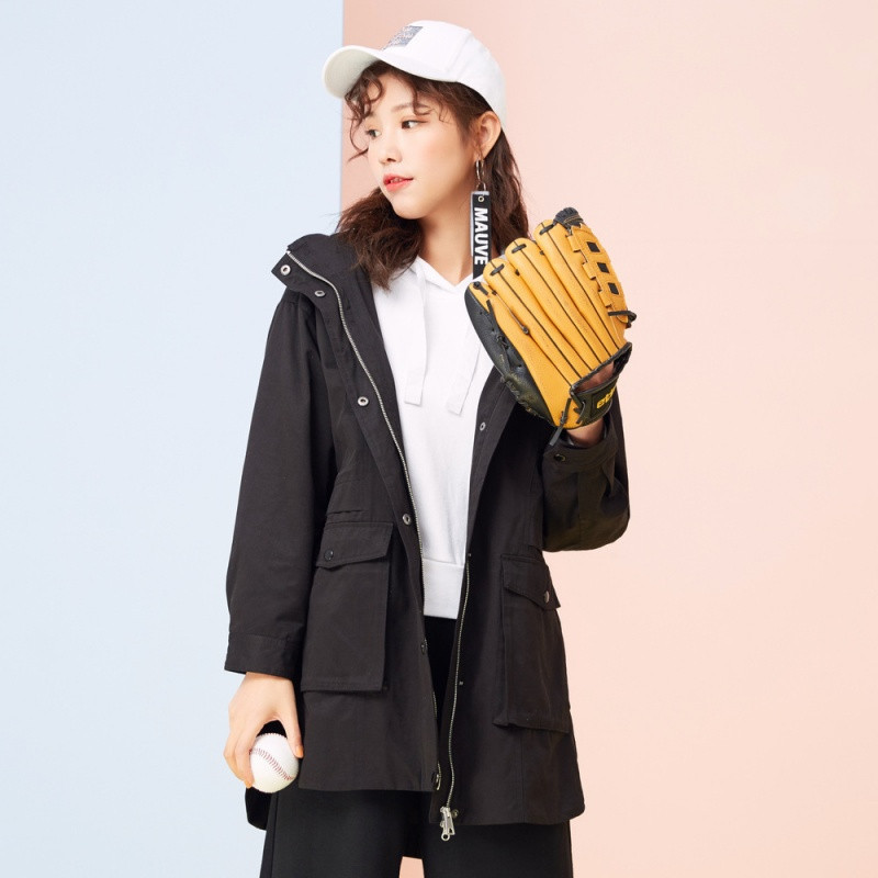美特斯邦威2018春装新款bf夹克风衣外套女中长款甜美简约百搭潮60345620314_1 165/88A 黑色