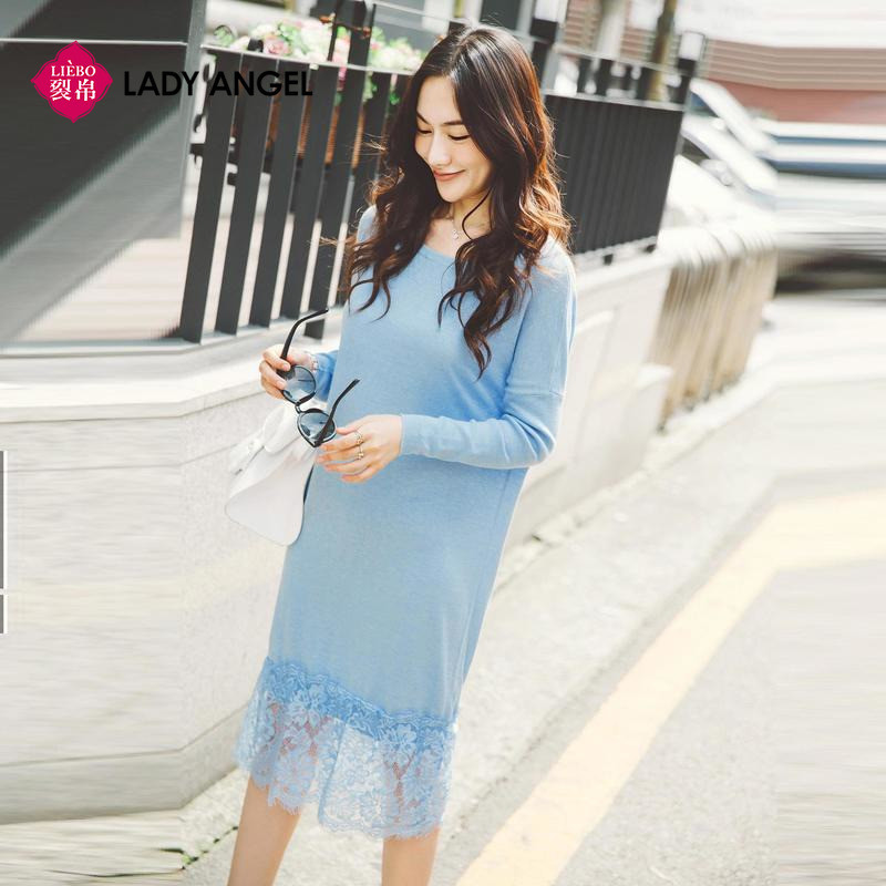 Ladyangel【199两件】宽松圆领裙子蕾丝拼接毛织连衣裙 默认尺寸 默认颜色