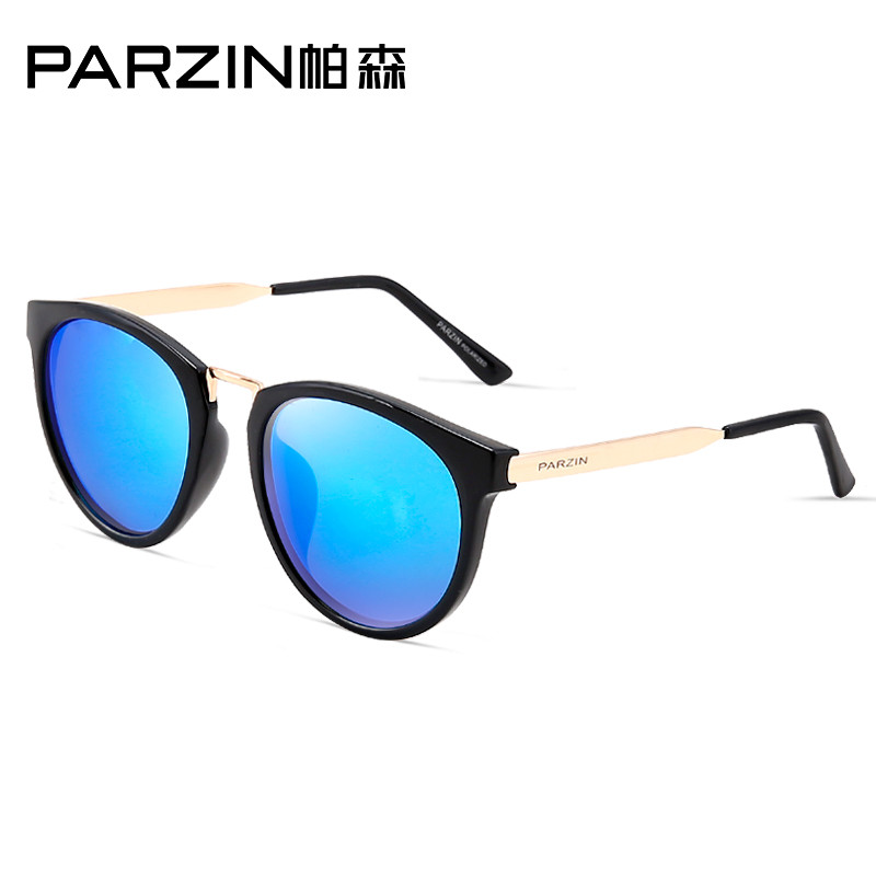帕森(PARZIN) 新款复古偏光太阳镜 男女时尚偏光镜情侣款经典墨镜9297 黑框反光膜冰蓝片