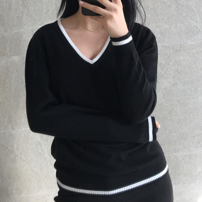 【苏宁直营】新款春秋薄v领羊绒衫毛衣女短款套头羊毛长袖修身百搭打底针织衫 黑色 L