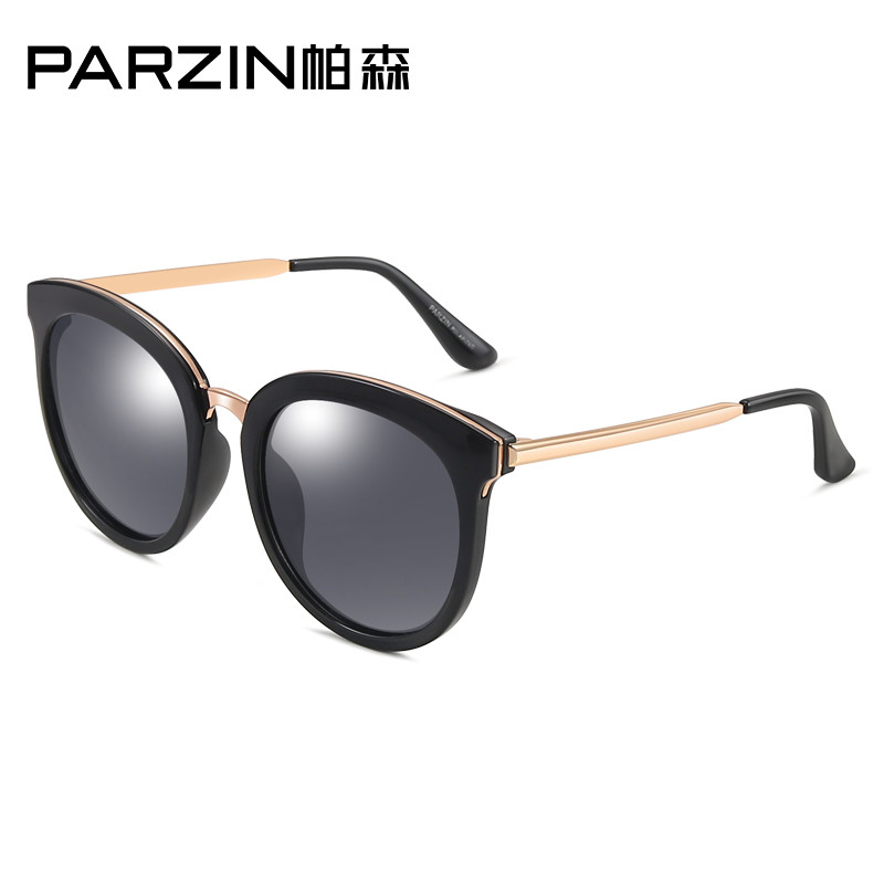 帕森（PARZIN）太阳镜女 轻盈TR90偏光镜 复古圆框炫彩膜潮墨镜新品9832 黑框黑灰片
