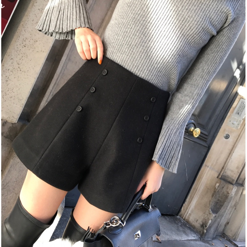 18款式双排扣高腰毛呢短裤女冬款外穿2018新款宽松学生a字休闲阔腿裤子 默认尺寸 默认颜色
