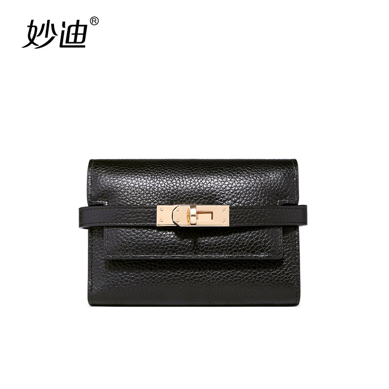 妙迪2018新款牛皮钱包三折多功能搭扣女式短款折叠真皮手拿包 子夜黑