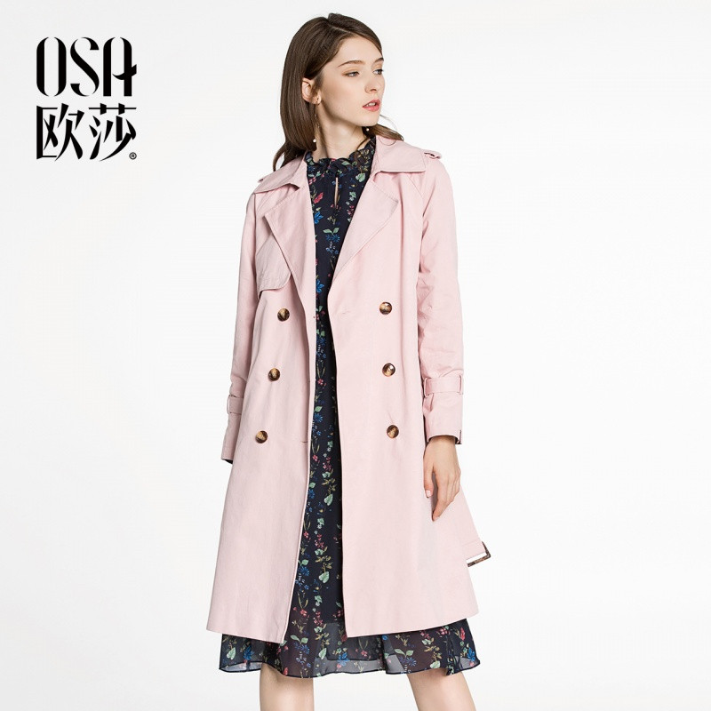 OSA欧莎2018春装新款女装时尚OL风气质双排扣风衣外套A23004 M 千禧粉.
