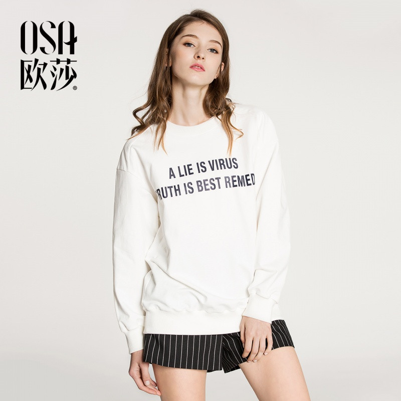 OSA欧莎2018春装新款女装简约舒适圆领印花长袖卫衣A32003 XL 本白色