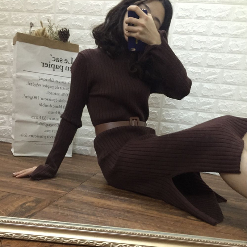 18款式PINZIKO秋冬中长款针织连衣裙女修身过膝一步打底毛衣裙CM73073 L 咖啡色