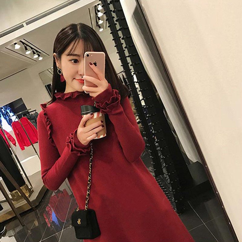18款式2018秋冬季新款女装小香风红色针织内搭打底连衣裙小心机显瘦裙子 XL 酒红色