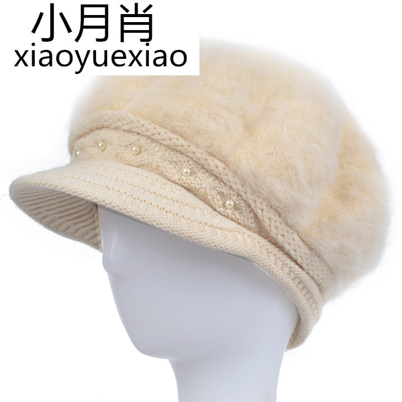 中老年人帽子女冬天加厚针织老人帽子女奶奶冬季保暖妈妈兔毛线帽_17 米黄色