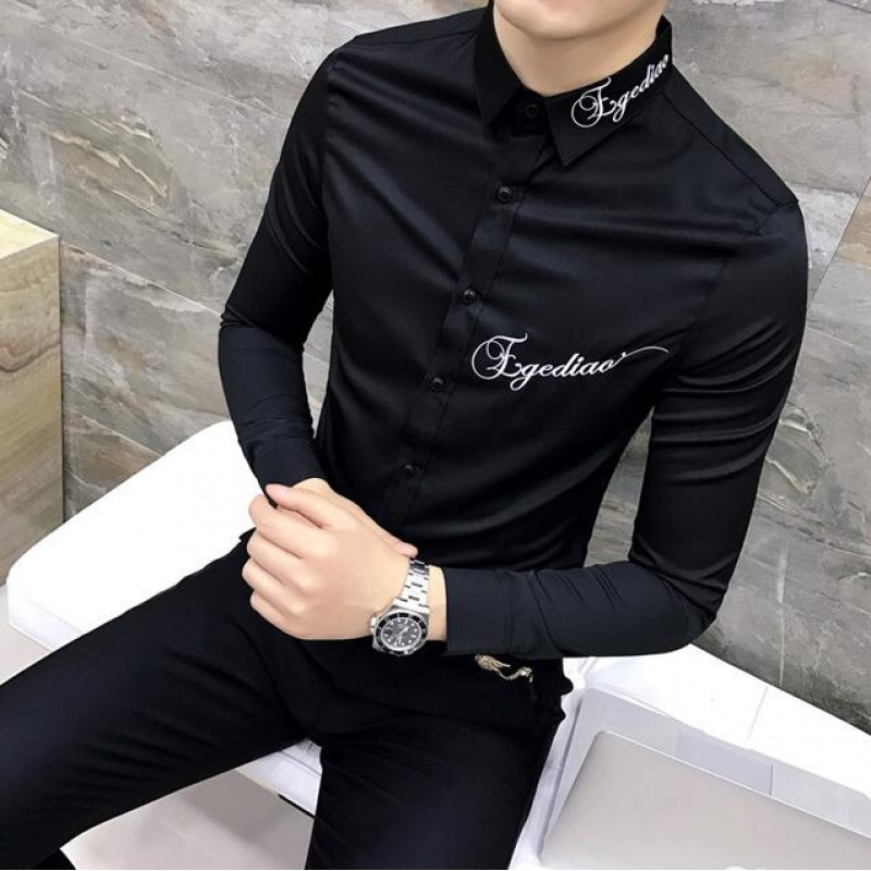 18款式秋季新款个性刺绣男士长袖衬衫潮流韩版修身时尚绣花夜店帅气衬衣 XL H198-黑色