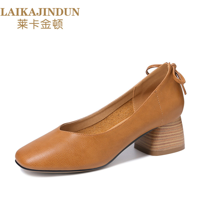 莱卡金顿方头蝴蝶结粗跟单鞋韩版百搭春款中跟女鞋6433 黄色 35码