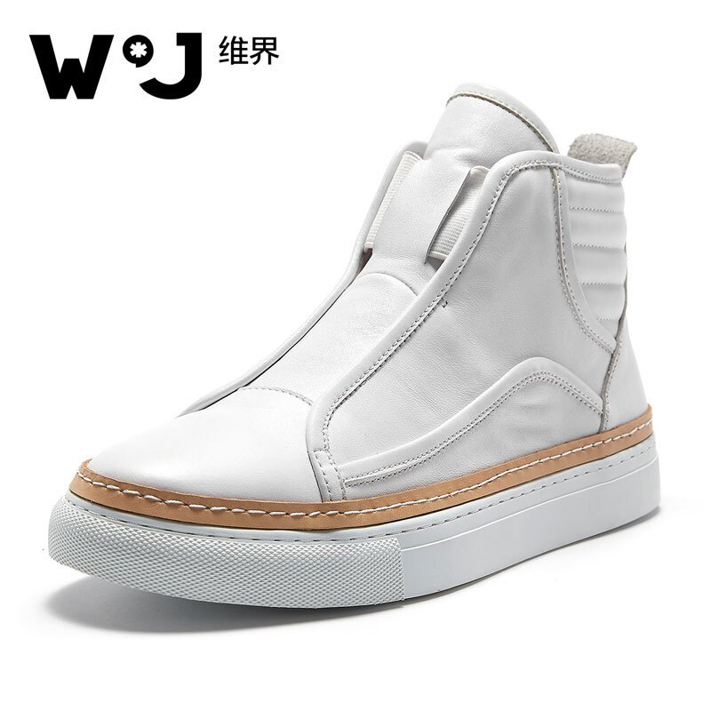 维界高帮板鞋新款韩版潮流时尚个性休闲牛皮短靴 白色 42