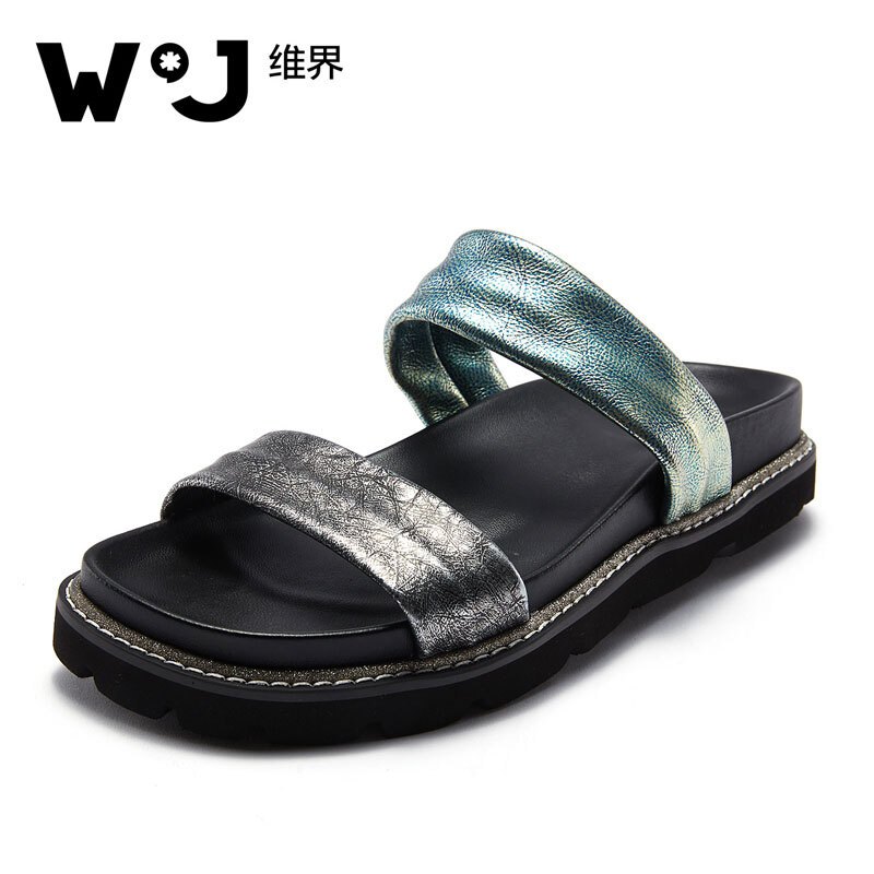 维界炫彩擦色新款牛皮拖鞋沙滩鞋 深蓝绿色 41