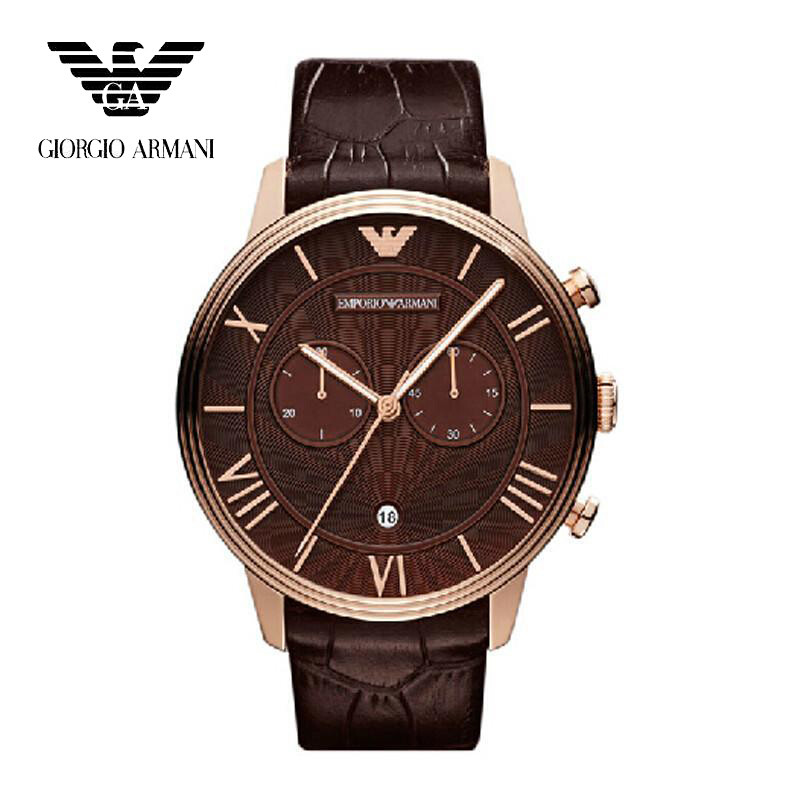 阿玛尼(ARMANI)间金钢带手表 商务休闲男士石英表 皮带大盘时尚简约日历防水学生腕表 多功能双眼男表AR1616 棕色