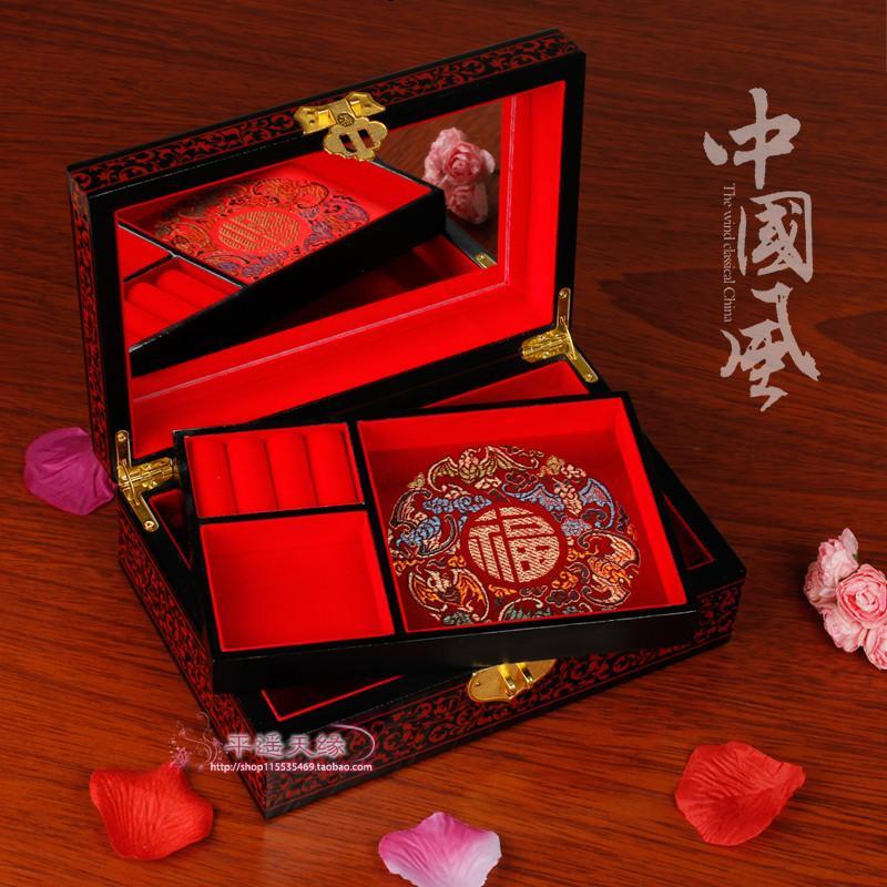 平遥推光漆器首饰盒木质中式复古典结婚新娘化梳妆首饰收纳盒带锁_1 乳白色龙凤喜