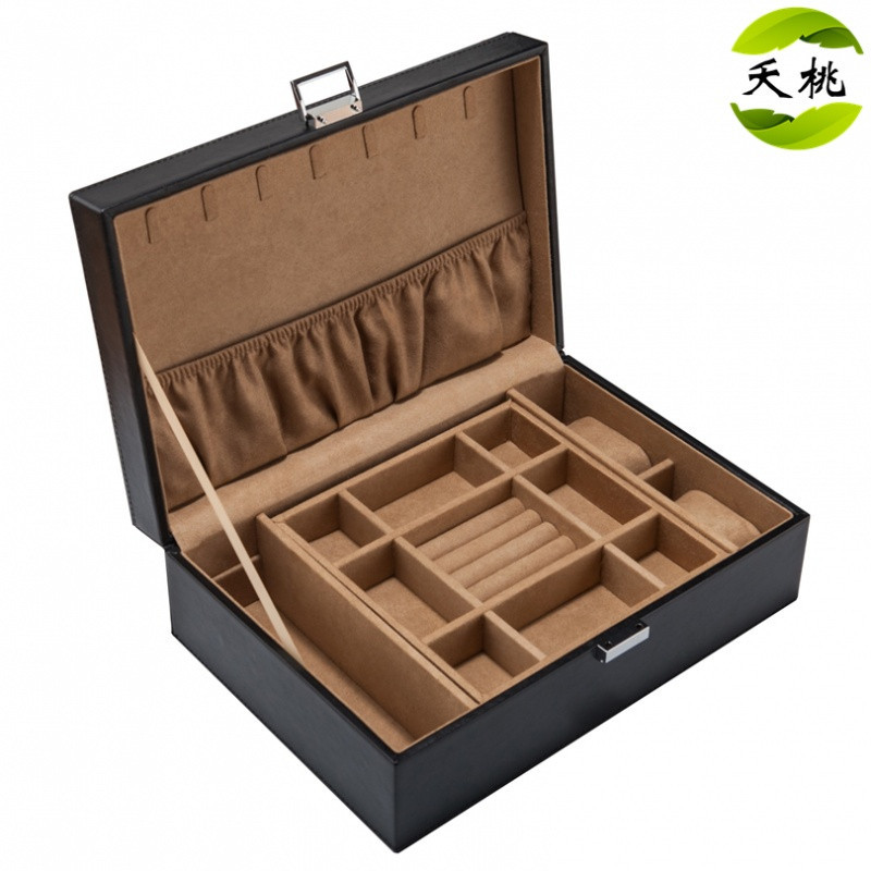 皮革双层首饰盒皮质手表珠宝手镯收纳收藏盒节日礼品_5 黑色+皮黄色内饰