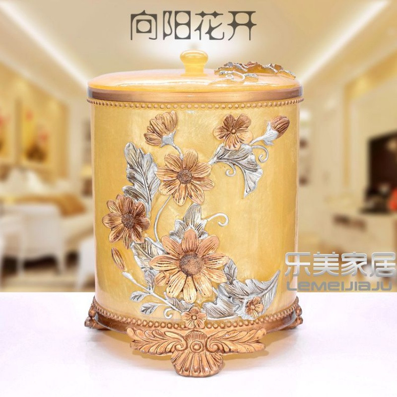 新款欧式垃圾桶创意家用客厅垃圾筒卫生间带盖复古美式收纳桶_3 向阳花黄加盖垃圾桶