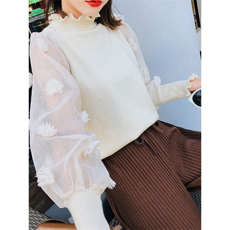 Ms.Maggie韩版新款18春夏新款半高领针织灯笼袖百搭上衣5067-76238-P68-XS 均码 杏色