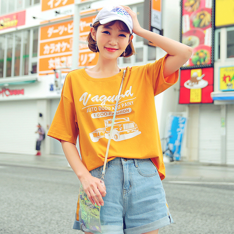 韩都衣舍2018韩版女装夏装新款学生宽松打底bf潮短袖T恤JW9877筱 XS 黄色