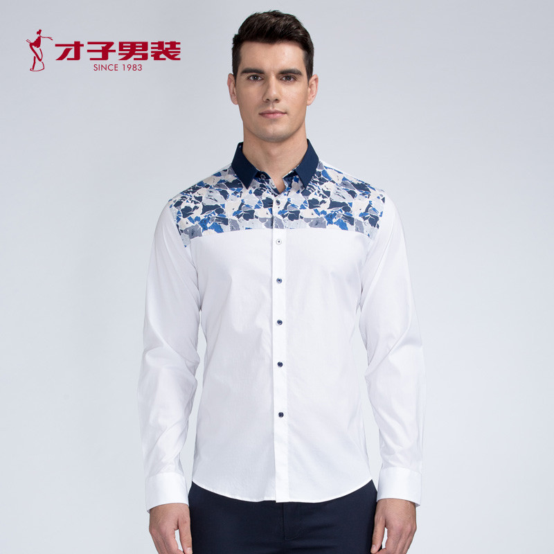 才子男装旗舰店官方春季男士时尚撞色休闲衬衣休闲修身 3XL 白色