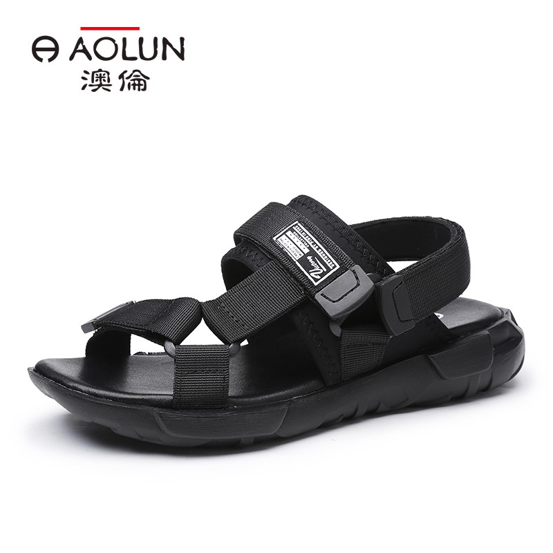 Aolun/澳伦男鞋夏季潮流主张 新款韩版时尚男士沙滩鞋轻便舒适魔术贴休闲透气防滑潮男凉鞋 黑色 43