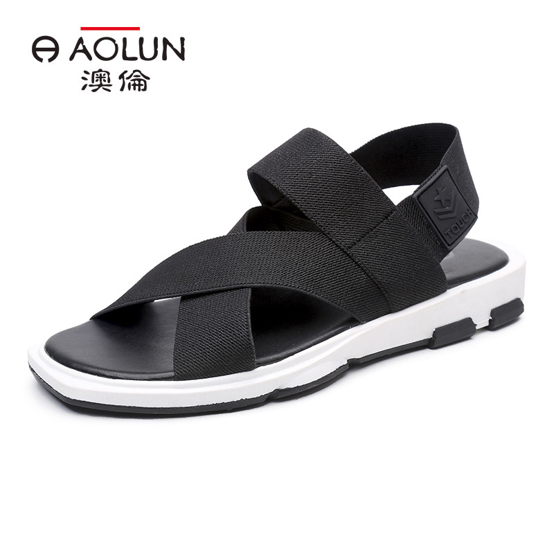 Aolun/澳伦男鞋夏季轻便松紧带 时尚交叉松紧织带男士凉鞋舒适防滑透气沙滩鞋潮男韩版个性 黑色 43