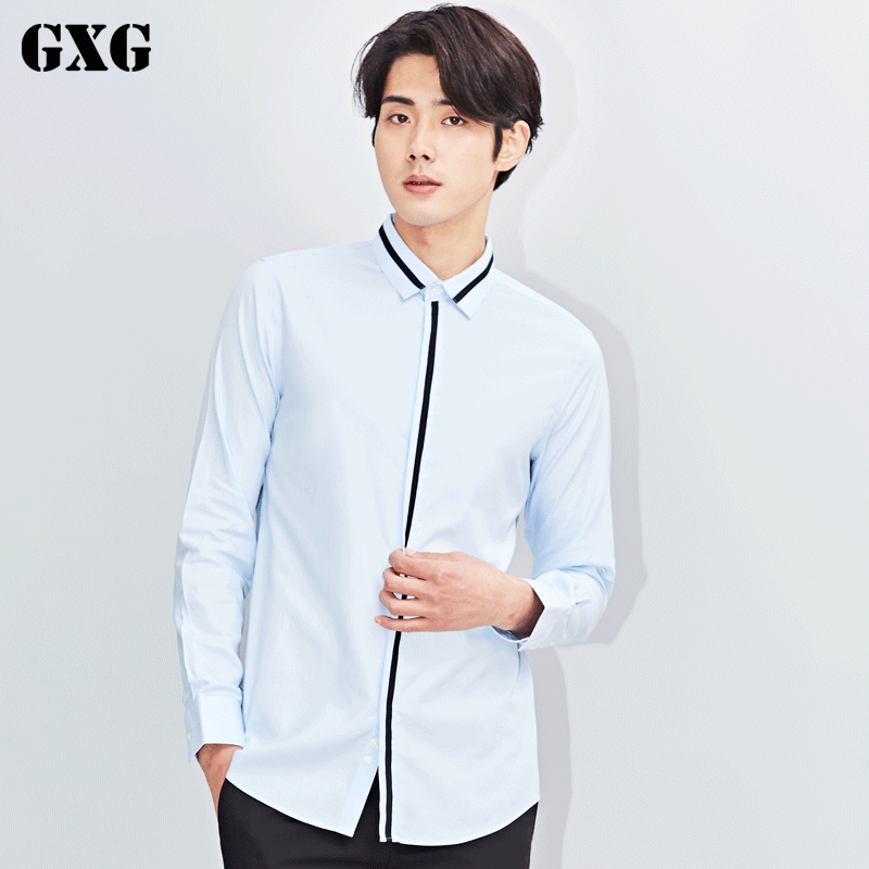 GXG长袖衬衫男装春季男士休闲时尚蓝色修身衬衣_1 默认尺寸 默认颜色