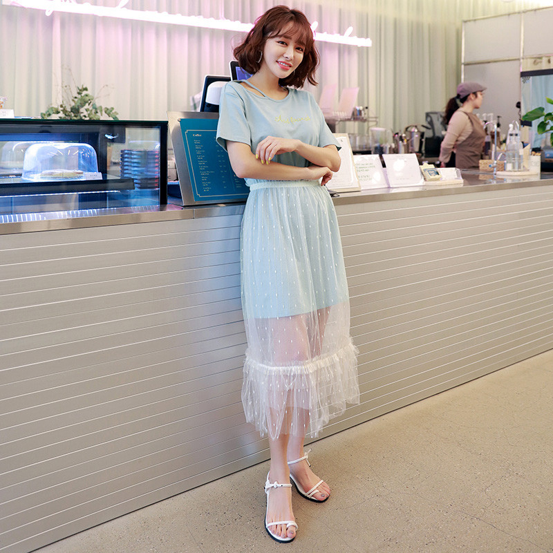 韩都衣舍2018韩版女装夏装新款中长款两件套网纱连衣裙LU7483荃 L 蓝色