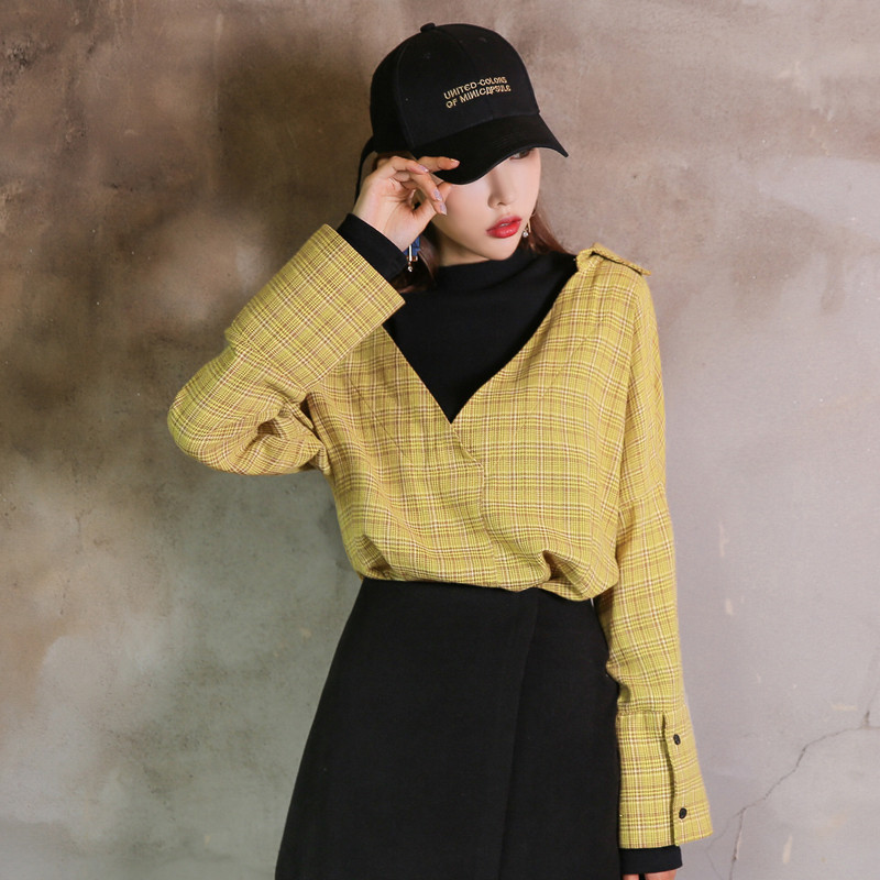 韩都衣舍2018韩版女装春装新假两件宽松长袖格子衬衫GQ8331耒 XS 黄色