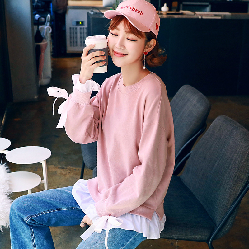 韩都衣舍2018新款女装春装韩版潮chic套头长袖假两件卫衣EQ8537婋_1 S 粉色