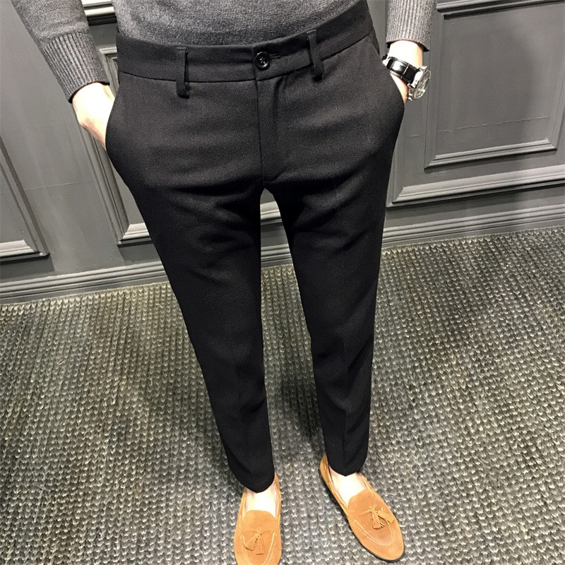 18款式春季新款加厚休闲西裤男时尚英伦修身裤子男潮流韩版百搭小脚裤男 28 黑色