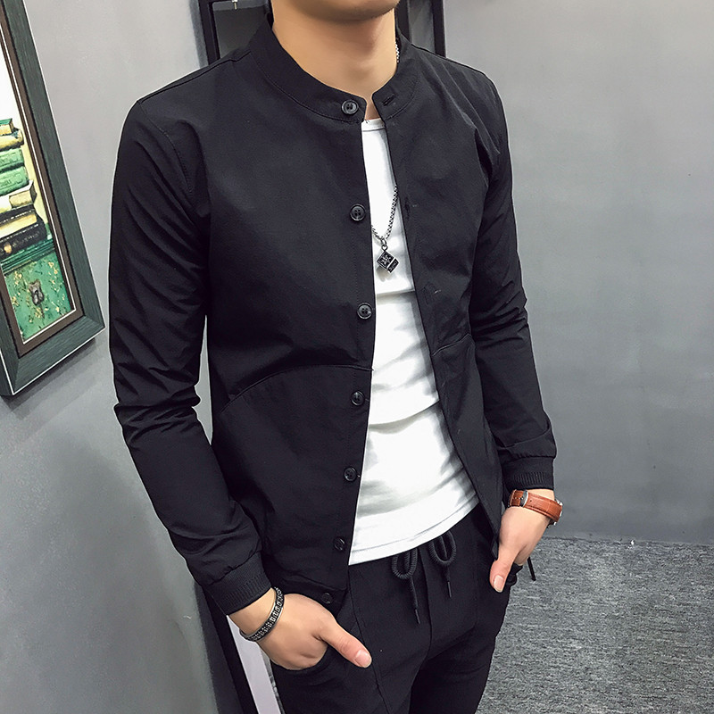 18款式春秋季春装外套男青年休闲夹克百搭帅气纯色立领韩版修身潮流上衣 3XL 黑色