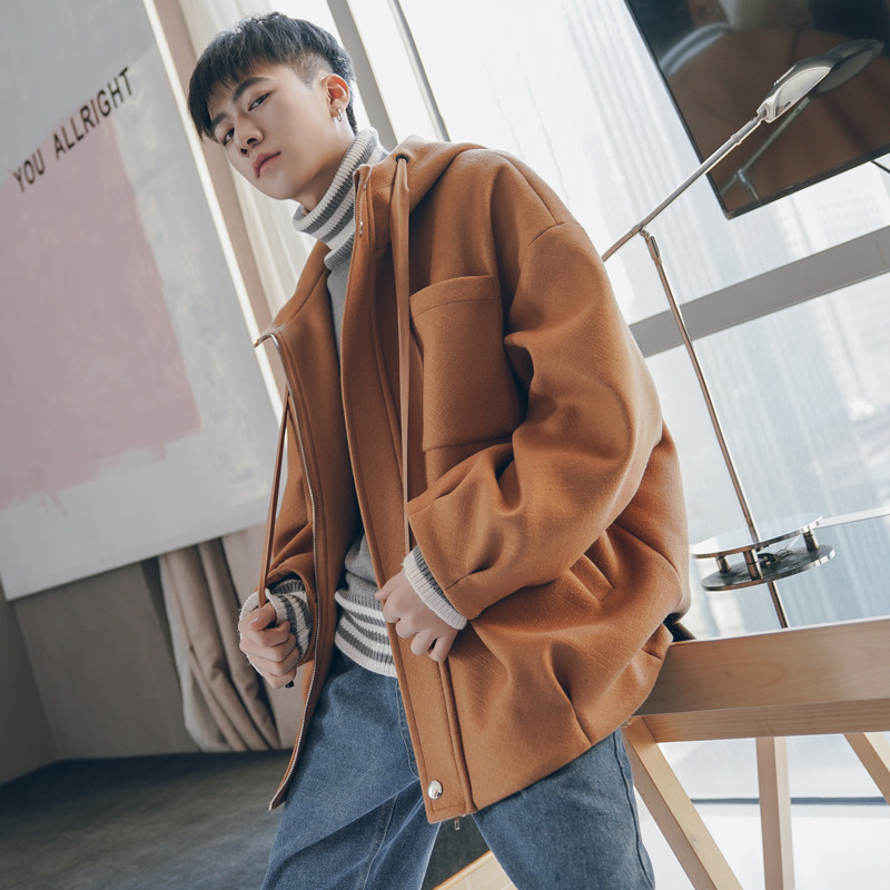 18款式2018春秋季男士帅气百搭毛呢连帽外套青年韩版潮流宽松休闲夹克男 L 棕色