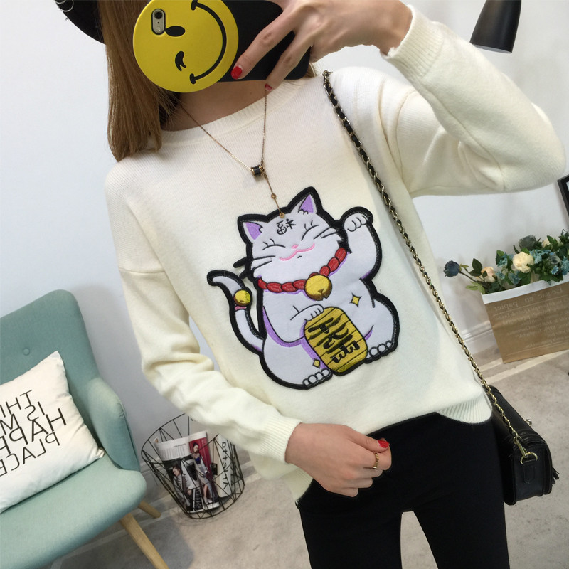 18款式多色招财猫毛衣女针织衫情侣款宽松半高领短款针织打底衫本命年新 2XL 圆领米白招财猫