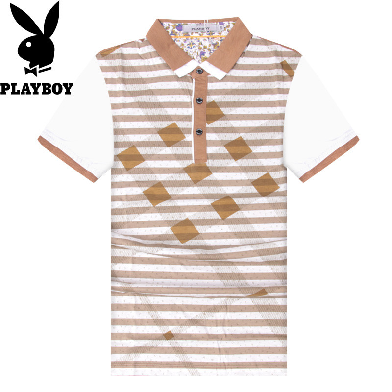 花花公子新品2018夏季新款纯棉T恤男士商务休闲时尚透气修身短袖 46 咖啡条