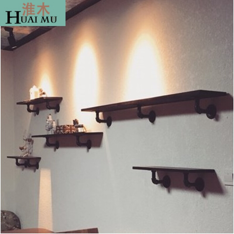 淮木（HUAIMU）墙上隔板置物架机顶盒创意复古墙壁实木一字搁板支架铁艺书架 木板长150宽20