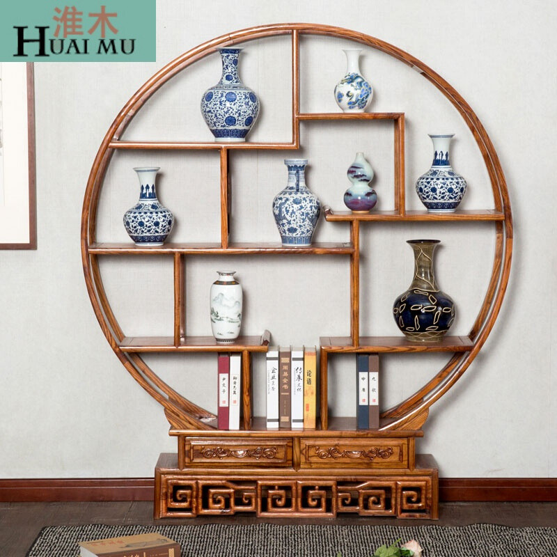 淮木（HUAIMU）双半圆中式多宝阁圆形博古架实木书架茶叶摆放架仿古家具榆木实木大圆博古架_2 中圆博古架一米五宽