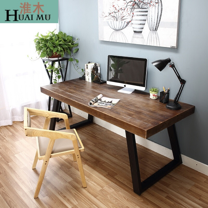淮木（HUAIMU）复古铁艺实木书桌简约电脑桌椅组合书桌写字台办公桌工作桌子 长120*60*75板厚5cm