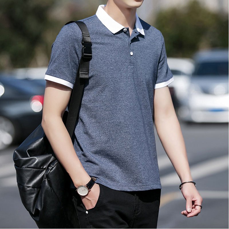 韦斯普 2018夏季新款男士短袖POLO衫文艺港风修身翻领T恤保罗衫SY1208 XXL 灰蓝色