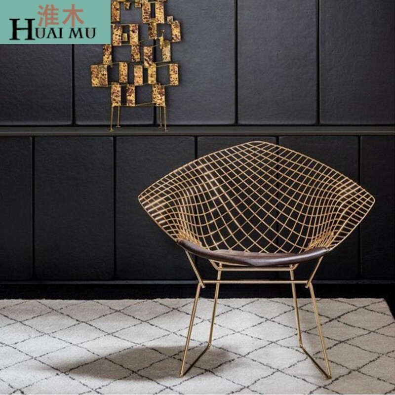 淮木（HUAIMU）镂空铁丝椅钻石简约休闲椅现代椅子金色铁艺创意餐椅 椅子银色含坐垫