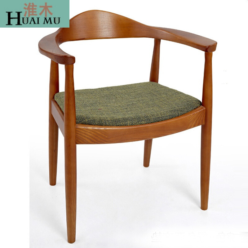 淮木（HUAIMU）美式餐椅实木椅子椅北欧餐厅椅真皮圈椅电脑椅座椅_1_0 浅棕色椅子配绿色亚麻垫